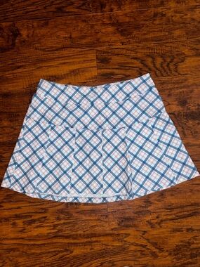 Kyodan Golf Plaid A-Line Skirt Blue and Coral Pink Pleated Tennis Golf Skirt